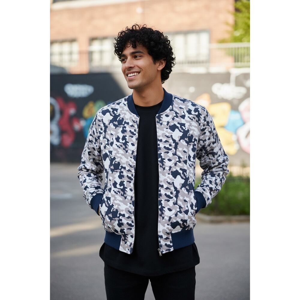 ZARA Man Camo Bomber Jacket Detachable Hood Zip Up Size S